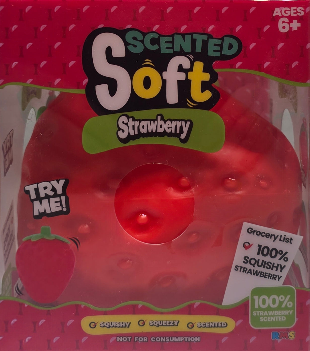Scented Soft Strawberry squishy toy in its retail packaging, featuring a red strawberry-shaped squishy with a central hole and printed graphics on a pink strawberry-patterned background.
